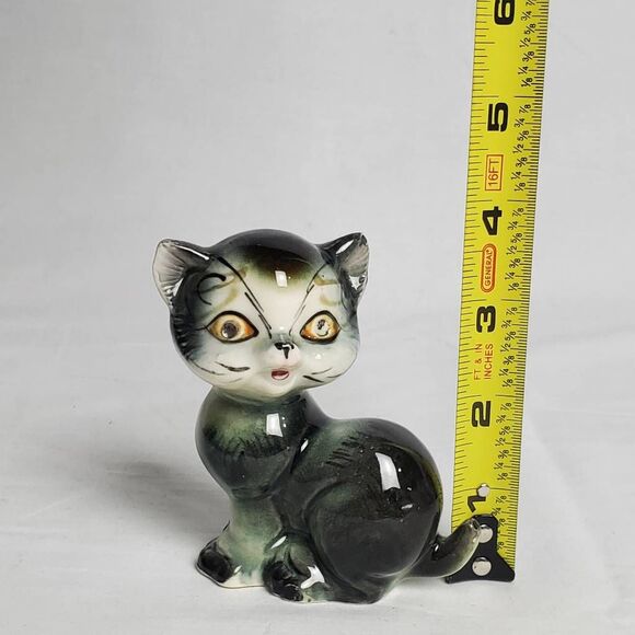 Vintage Japan Ceramic Cat Figurine 4.5" Green Black - Picture 5 of 5